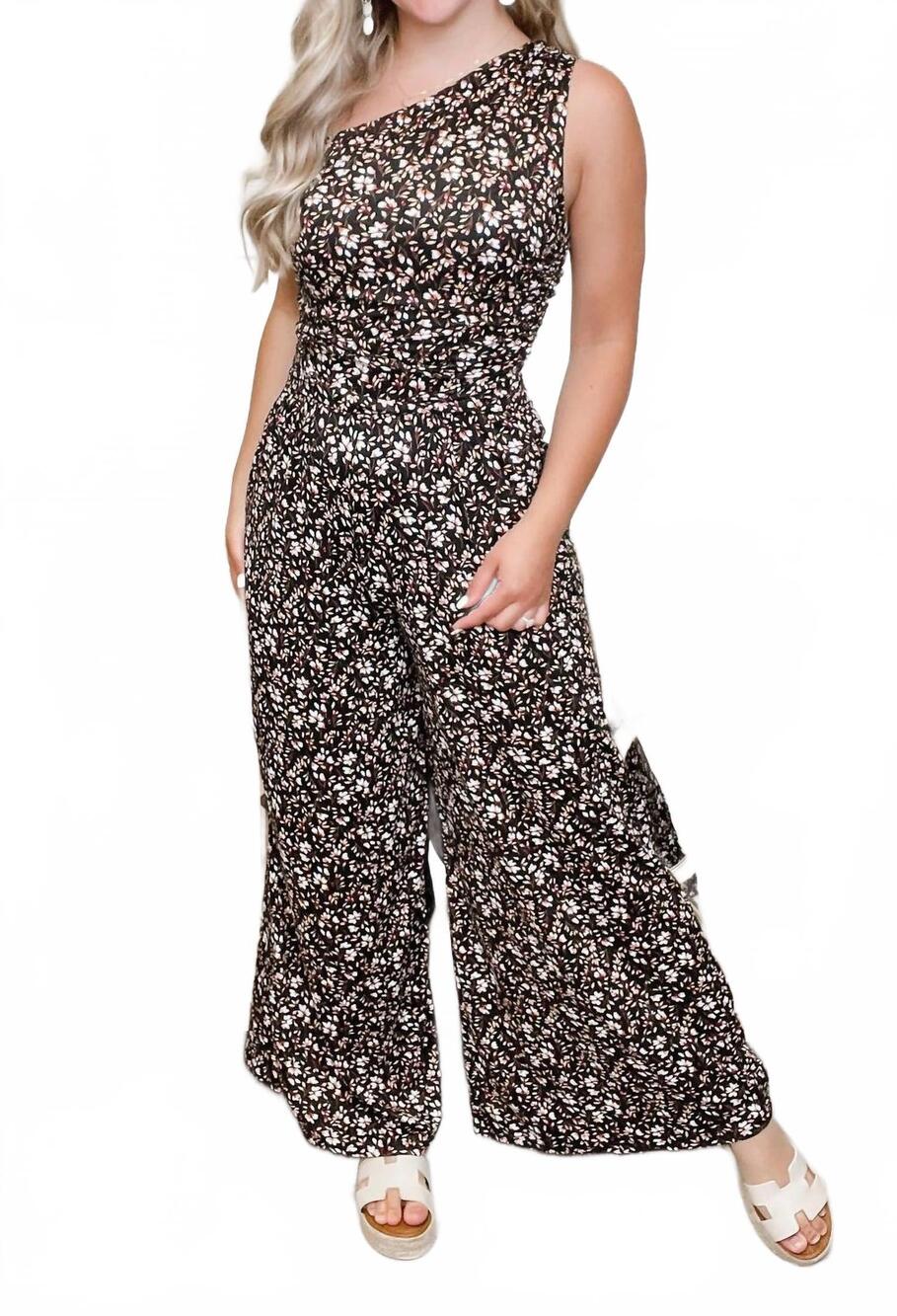 NEW ELDRIDGE live it floral one shoulder jumpsuit in black multi